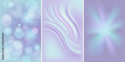 Soft blue and purple abstract backgrounds with bokeh circles and smooth flowing wave patterns