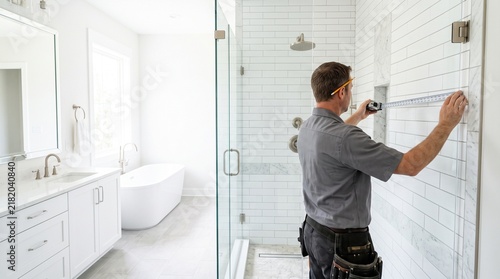 Contractor precisely measuring shower wall for modern bathroom remodeling project and vanity installation