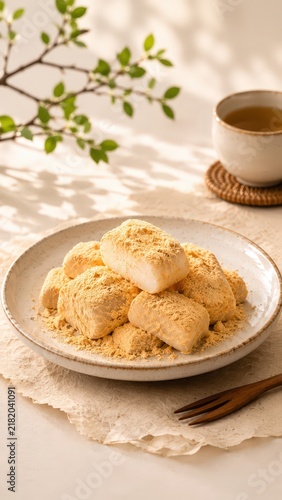Traditional Korean Injeolmi Rice Cakes with Soybean Powder in Elegant Rustic Setting