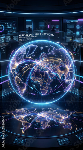 Futuristic Digital World Map with Light Connections Global Logistics Concept