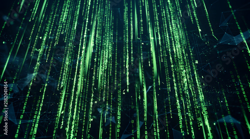 Abstract Green Matrix Data Stream Falling in Dark Cyber Space Background