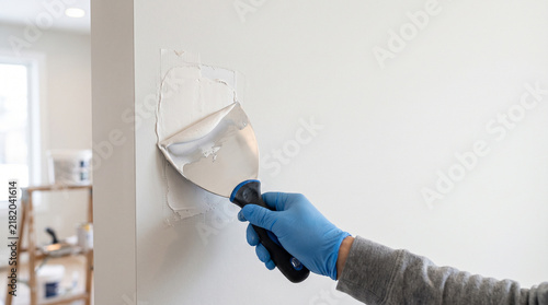 Person applying joint compound with putty knife during drywall hole repair for home renovation