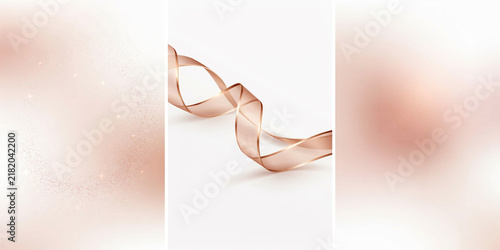 Rose gold and white abstract background, set with sparkling, dust and floating, silk ribbon