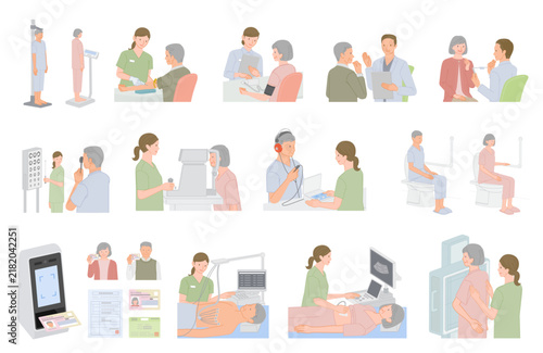 シニア向け健康診断や人間ドックを受ける高齢者と医療従事者のイラストセット