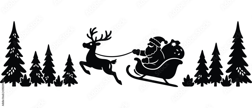 Fototapeta premium Minimalist black and white silhouette of Santa Claus in a sleigh with a single reindeer riding through a pine tree forest. Merry Christmas horizontal winter landscape vector illustration.
