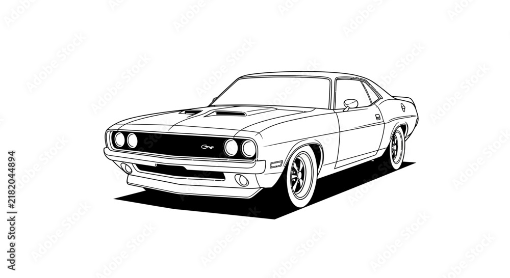 Fototapeta premium Classic american muscle car outlined vector art isolated on white