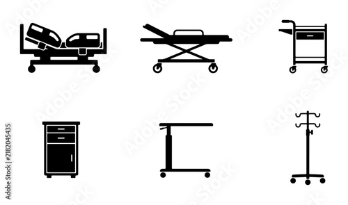 Medical Equipment Icons: Hospital Beds, Stretcher, IV Stand, Cart, Table, Nightstand