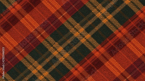 Warm Autumn Plaid Pattern: Cozy Orange, Red & Green Tartan Fabric Texture Background