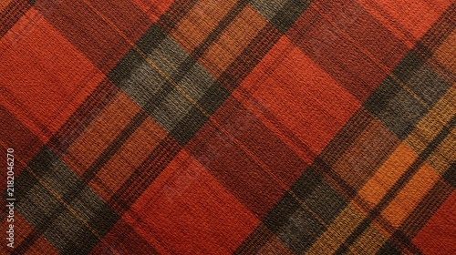 Warm Autumn Plaid Fabric Texture Background - Rustic Red & Orange Diagonal Pattern