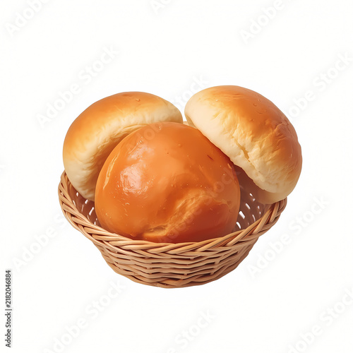 Watercolor Golden Dinner Rolls in Woven Basket Isolated on White