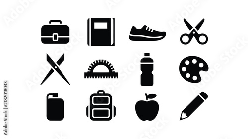 Back to school icon set with bag notebook sneakers scissors protractor bottle palette backpack apple pencil isolated vector illustration