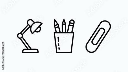 Minimalist black line icon set featuring desk lamp holder with pencils and paper clip isolated on clean white background vector