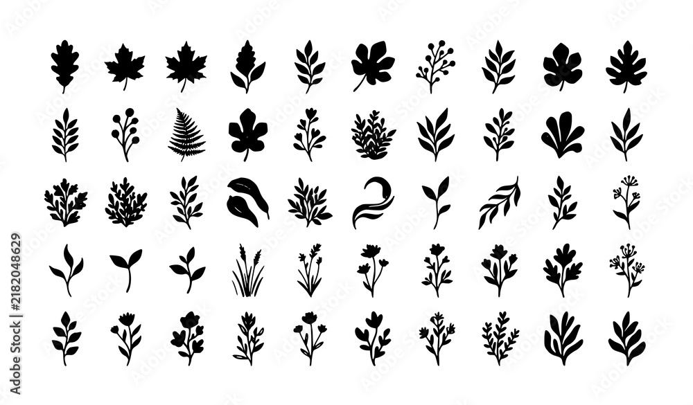 Fototapeta premium Hand Drawn Textured Plant Leaf Silhouette Collection with Organic Vector Shapes