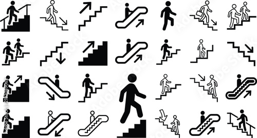 A collection of black and white vector icons depicting people walking up and down stairs and using moving escalators