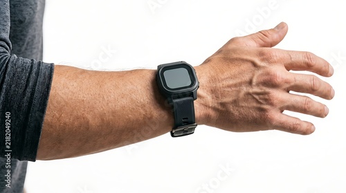 A man wearing a black digital watch on his wrist against a white background with extended outward neutral studio setting against smartwatch with technology