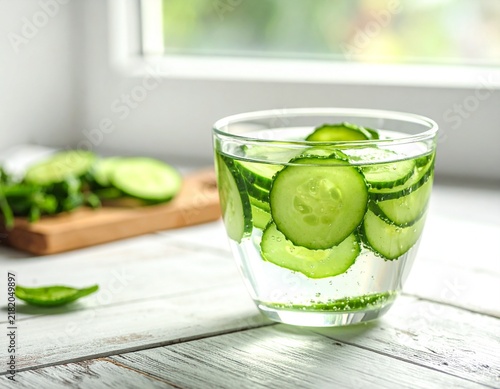 Glass bowl of sliced cucumbers soaking in water on rustic wooden table near window.