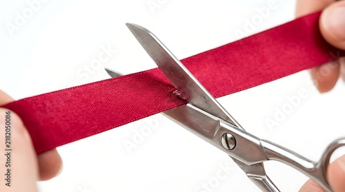 A close up view of metal scissors cutting a piece of red ribbon with white background studio through strip bright satin ribbon against scissors held human