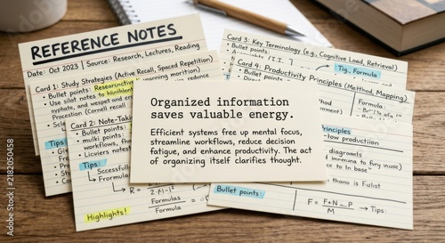 Organized information saves valuable energy concept on index cards with notes and notebook