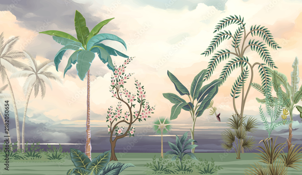 Obraz premium Tropical jungle safari forest illustration for wallpaper print, Tropical Mural, Mughal Mural Illustration. 