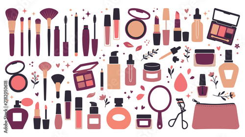 Konstfotografi Cosmetic makeup collection with beauty products and brushes set.