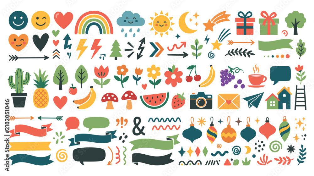 Fototapeta premium Cute cartoon weather nature and celebration elements vector graphic.