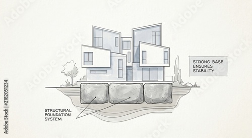 Modern house foundation with large concrete blocks supporting the structure