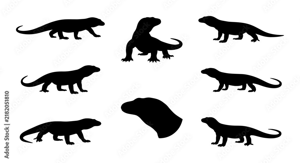 Obraz premium Komodo Dragon Silhouettes, Reptile Vector Icons, Wildlife Animal Shapes, Nature Graphic Elements