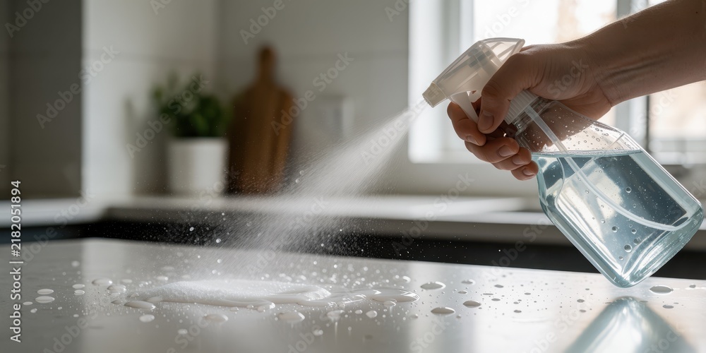Obraz premium Person spraying cleaning solution from a plastic bottle onto a kitchen countertop to sanitize and disinfect surfaces