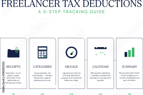 Freelancer tax deductions five step tracking guide infographic poster.