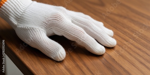 A person wearing white work gloves touching and inspecting a wooden table surface in a workshop or furniture store