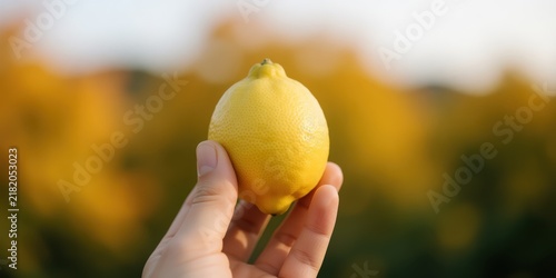 Fresh yellow lemon held in hand against an orchard background, representing organic farming, healthy citrus fruit harvest, and natural Vitamin C nutrition