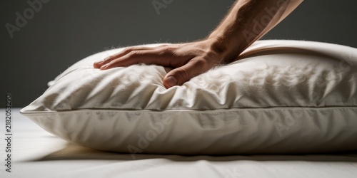 Adult man hand pressing soft organic wool pillow for testing comfort and quality