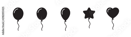 Party balloon silhouettes set featuring round star and heart shapes with wavy strings for festive celebration graphics.