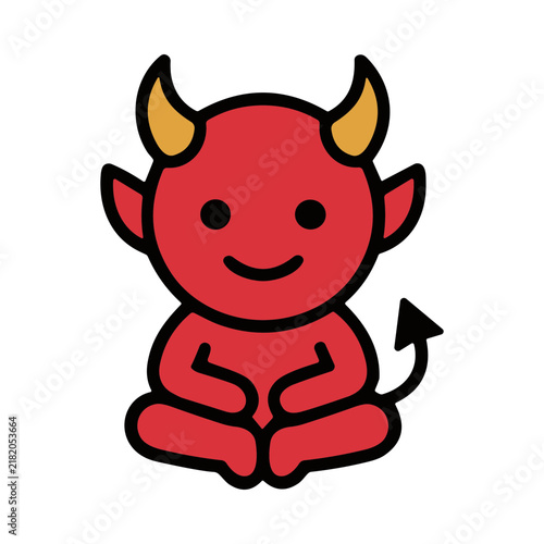 Bild auf Leinwand Cute cartoon red devil with horns and tail sitting cross-legged with a smile