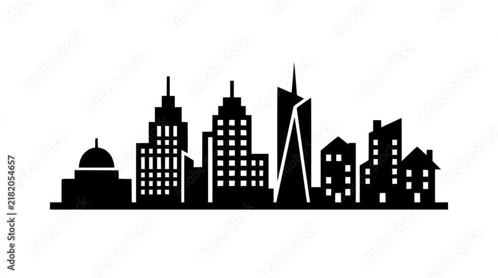 Obraz premium Monochromatic Cityscape Silhouette with Diverse Buildings