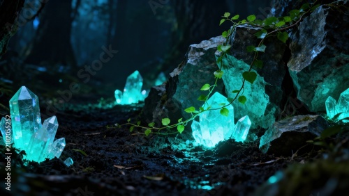 Glowing Turquoise Crystals in a Mossy Forest Floor With Magical Fantasy Ambience