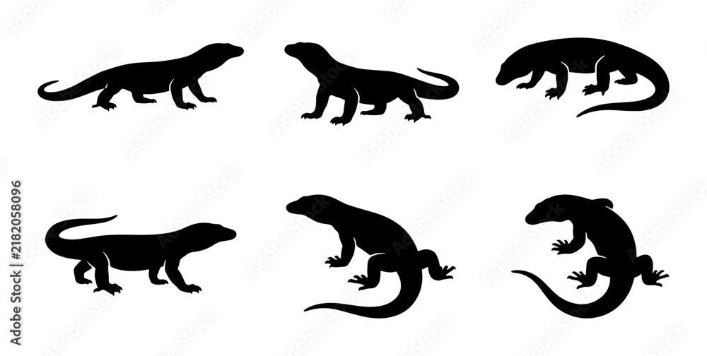 Obraz premium Komodo Dragon Silhouettes, Reptile Vector Icons, Wildlife Animal Graphics, Black Lizard Set
