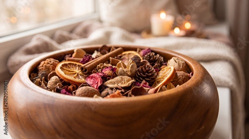 Dried potpourri in a wooden bowl for cozy autumn home decor atmosphere