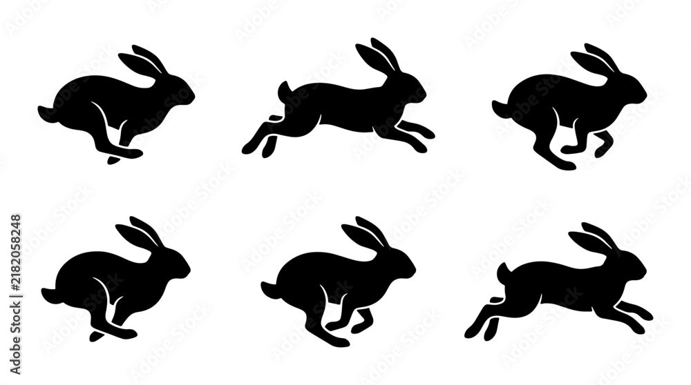 Obraz premium Running Rabbit Silhouettes, Animal Motion Sequence Vector Set, Black Hare Sprites