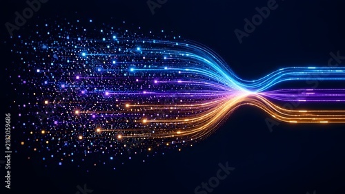 Chaotic digital particles converging into organized light trails illustrating big data processing and algorithm structuring