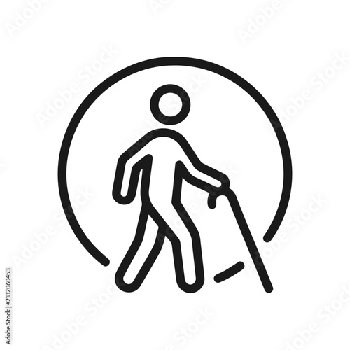 Elderly person walking with cane icon, senior citizen mobility symbol, vector illustration