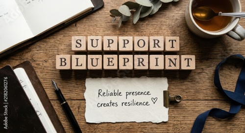 Support Blueprint Written on Wooden Blocks with Handwritten Note on Resilience