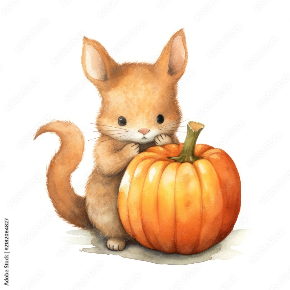Fototapeta premium Red squirrel pumpkin animal vegetable.