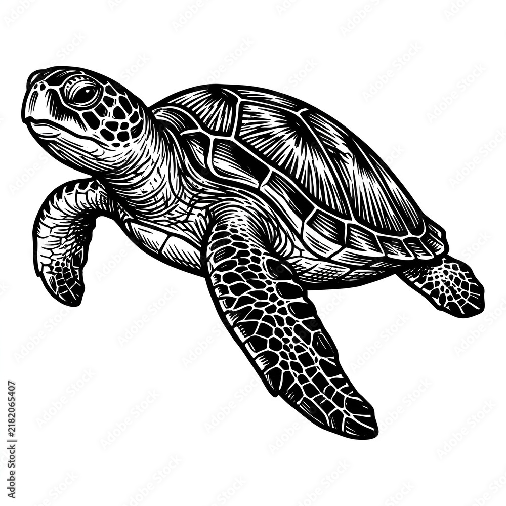 Fototapeta premium Vintage sea turtle illustration, black and white woodcut style marine reptile, detailed nautical tortoise engraving on white background