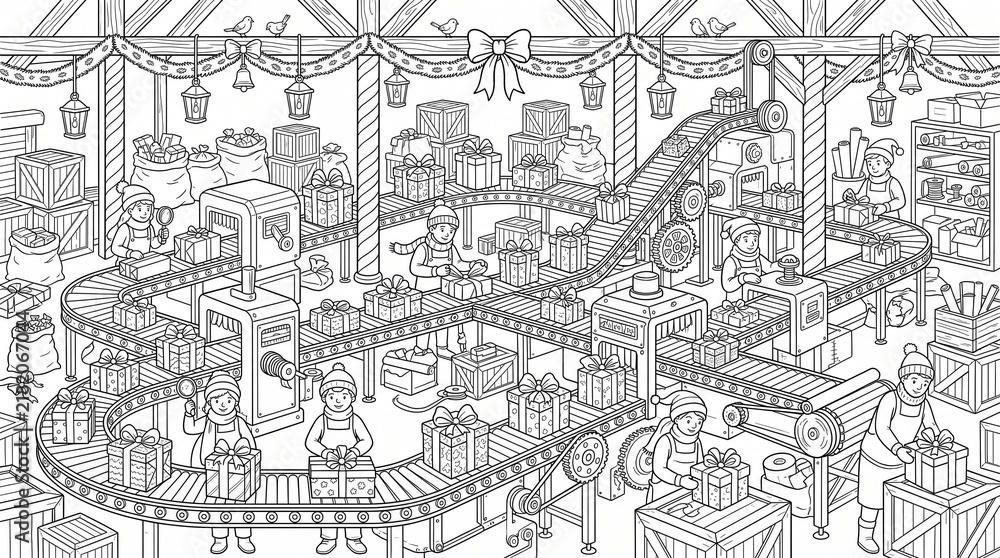Fototapeta premium Santa workshop conveyor belt assembly line with elves wrapping gifts coloring page stock illustration—featuring intricate black and white line art of toy factory, packing presents, gear machinery, fes