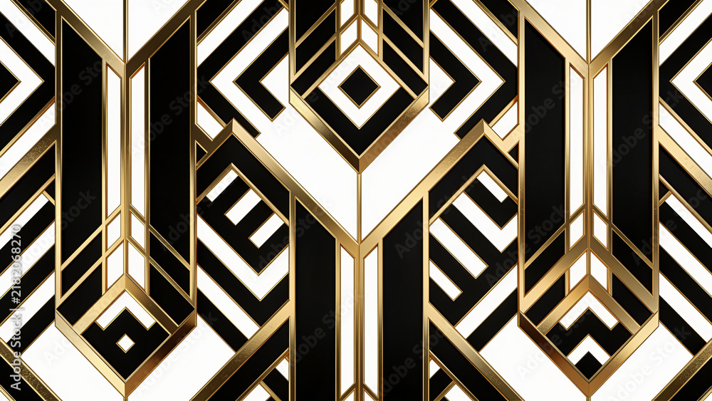 Seamless Art Deco Chevron pattern, sharp zigzag stripes, black and gold tones. Tileable