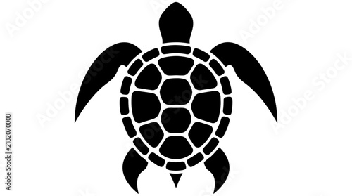 Isolated black silhouette of a sea turtle icon with detailed shell pattern, simple marine life