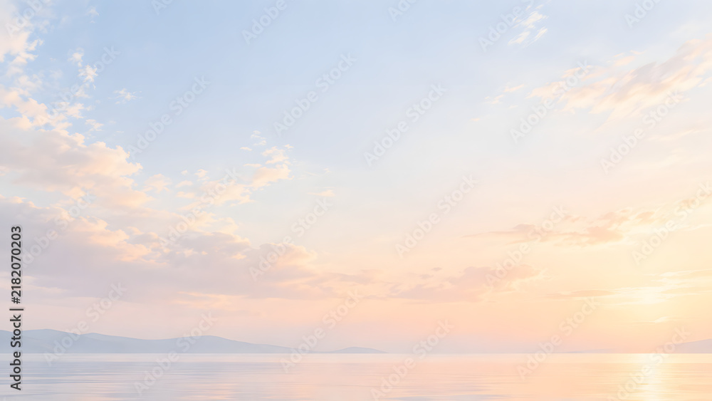 Fototapeta premium Serene Pastel Sunset Over Calm Sea with Soft Clouds and Mountain Horizon