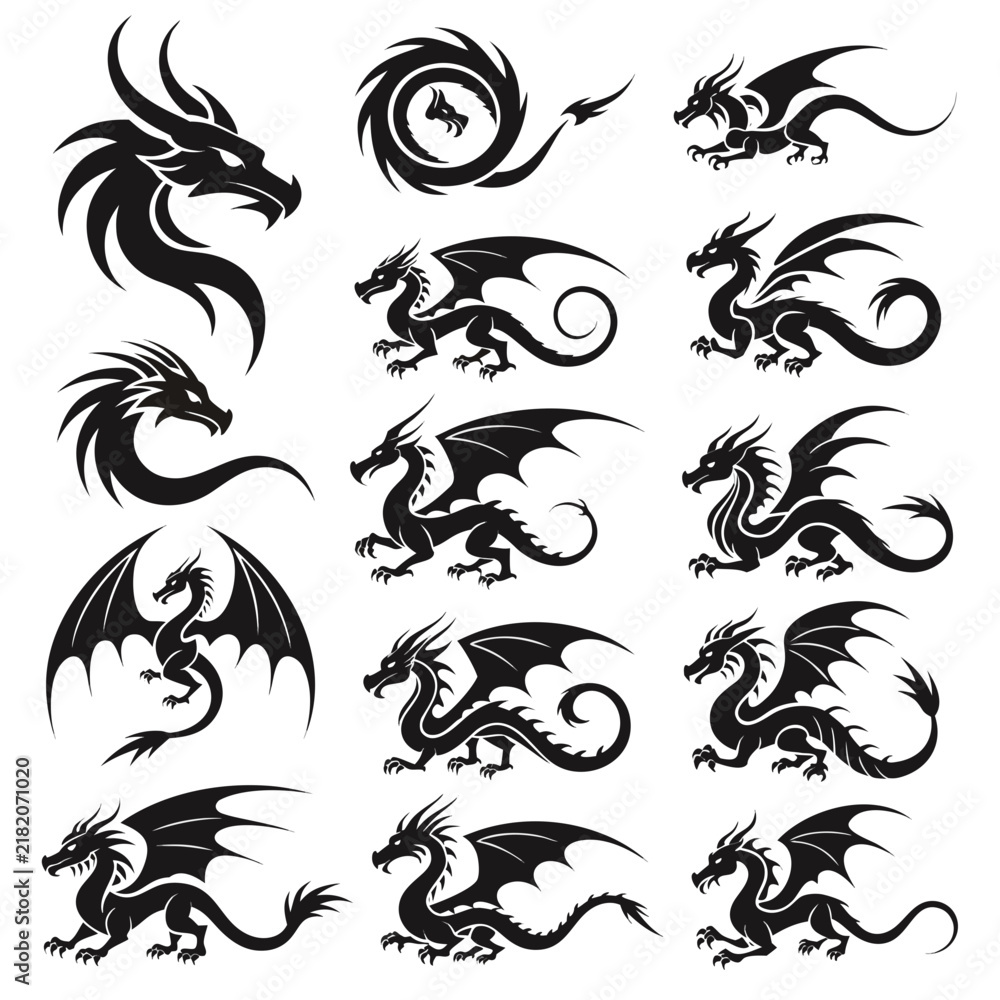 Fototapeta premium Set of tribal dragon tattoo designs in black silhouette style for creative graphic art