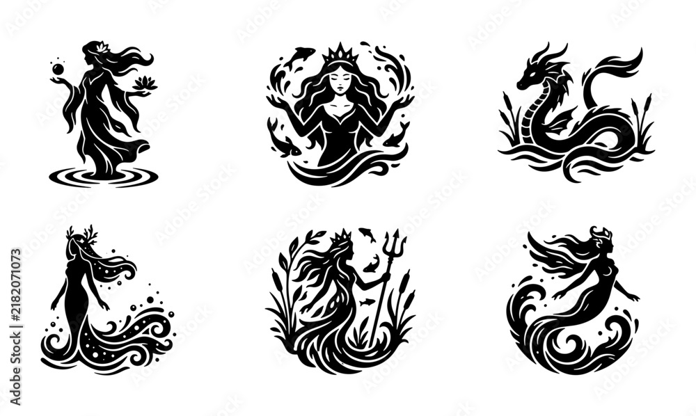 Fototapeta premium Mythical Sea Goddesses Vector Icons, Mermaid & Dragon Lore Graphics Set